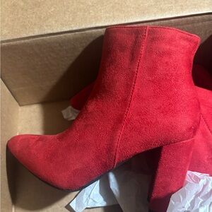 Vibrant Red faux suede Ankle Booties with Chunky Heel